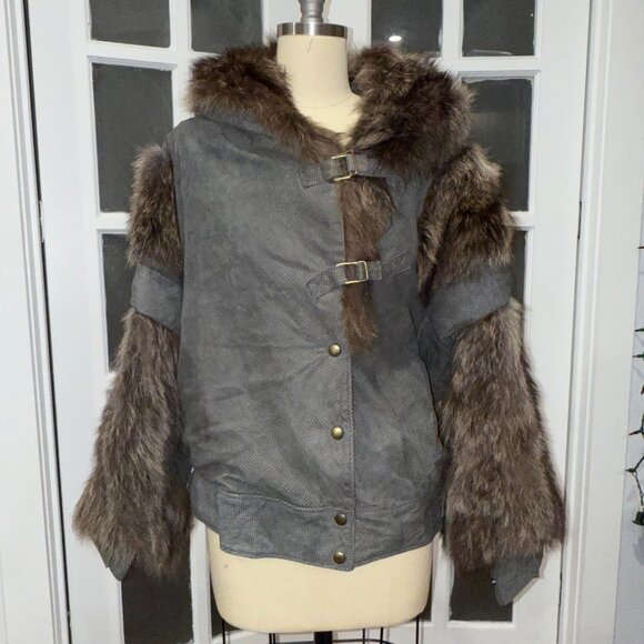 One Of A Kind Made In USA Vintage Fox Fur Jacket Silver Leather Wolverine M/L - Picture 3 of 12